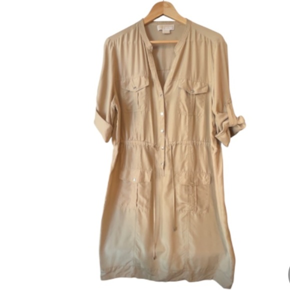 Michael Kors 100% Silk Khaki Shirt Dress Roll Tab Sleeves Size XL - Picture 13 of 13